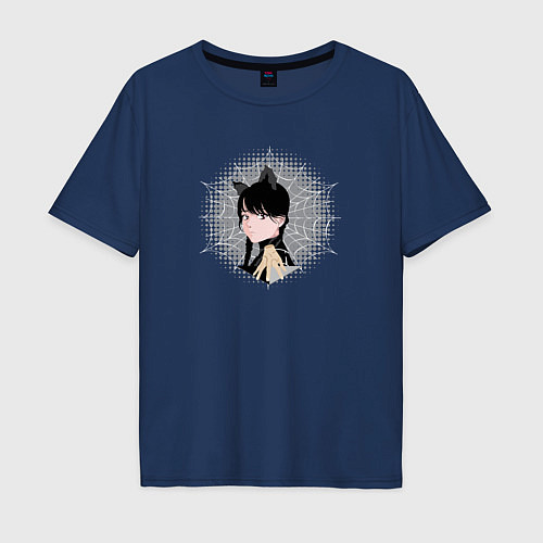 Мужская футболка оверсайз Аниме Уэнсдей Аддамс с ушками / Тёмно-синий – фото 1