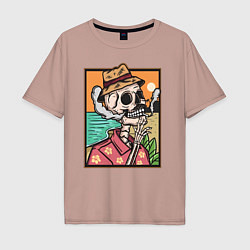Мужская футболка оверсайз Скелет в гавайской рубашке курит сигарету