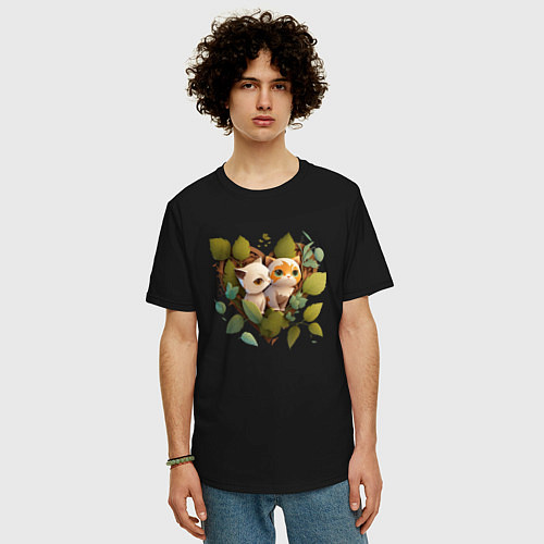 Мужская футболка оверсайз Котята в листьях и сердце из аниме / Черный – фото 3