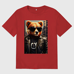 Футболка оверсайз мужская Медведь рокер, цвет: красный