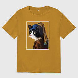 Футболка оверсайз мужская Кошечка с жемчужной сережкой Ян Вермеер, цвет: горчичный
