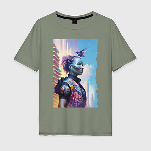 Мужская футболка оверсайз Cyberpunk - fantasy - neural network / Авокадо – фото 1
