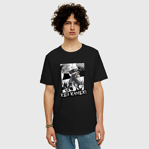 Мужская футболка оверсайз Канеки Кен на фоне манги / Черный – фото 3