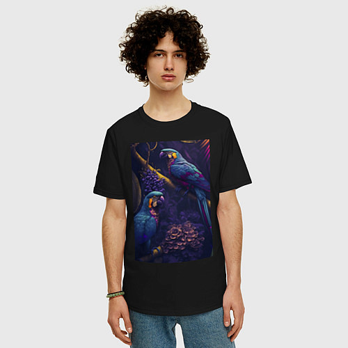 Мужская футболка оверсайз Разноцветные попугаи / Черный – фото 3
