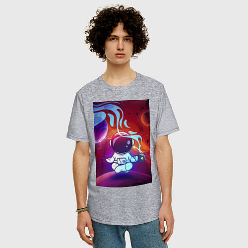 Мужская футболка оверсайз Космонавт с кофе / Меланж – фото 3