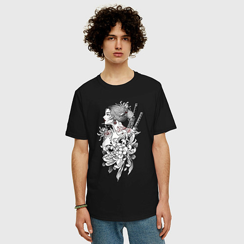 Мужская футболка оверсайз Japan Chrysanthemum / Черный – фото 3