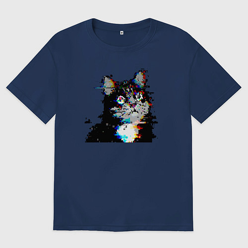 Мужская футболка оверсайз Pixel cat / Тёмно-синий – фото 1