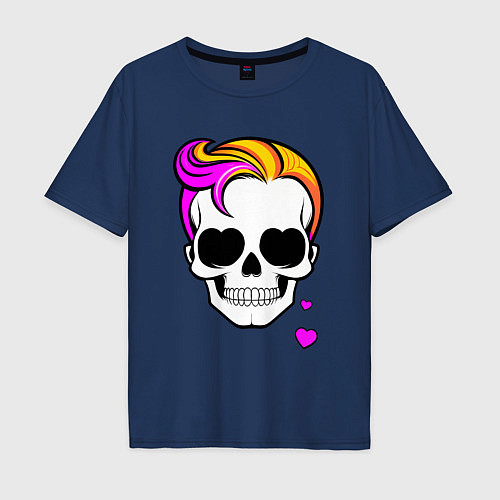 Мужская футболка оверсайз Череп с разноцветными волосами / Тёмно-синий – фото 1