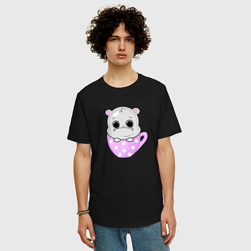 Мужская футболка оверсайз Бегемот в кружке / Черный – фото 3