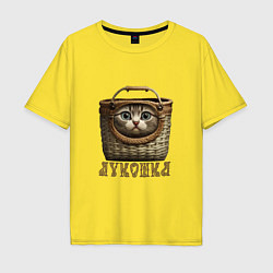Футболка оверсайз мужская Кошка - луКОШКА корзинка мем, цвет: желтый