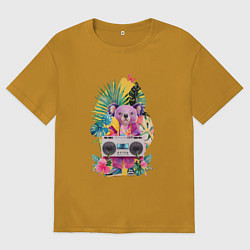 Мужская футболка оверсайз Розовая коала с бумбоксом и тропическими листьями