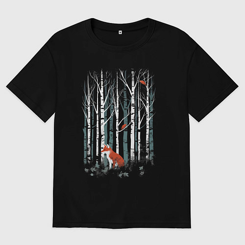 Мужская футболка оверсайз Рыжая лиса в березовом лесу / Черный – фото 1