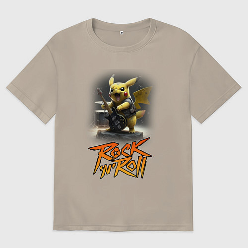 Мужская футболка оверсайз Пикачу Рокnroll / Миндальный – фото 1
