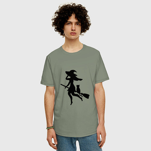 Мужская футболка оверсайз Ведьмочка и кот на метле / Авокадо – фото 3
