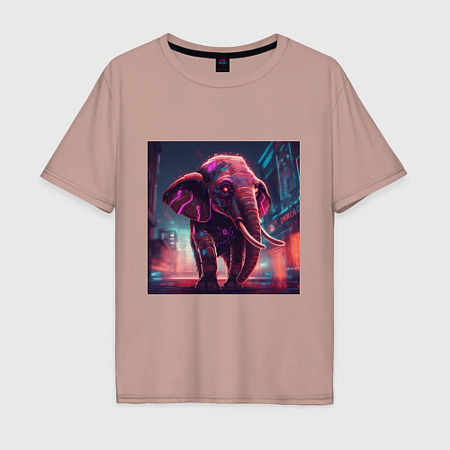 Мужская футболка оверсайз Кибер-слон в свете неона / Пыльно-розовый – фото 1