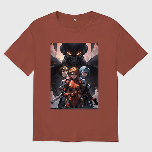 Мужская футболка оверсайз Лучшие девочки Евангелиона: Аска, Рей / Кирпичный – фото 1