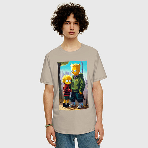 Мужская футболка оверсайз Барт Симпсон с Мэгги в мегаполисе / Миндальный – фото 3