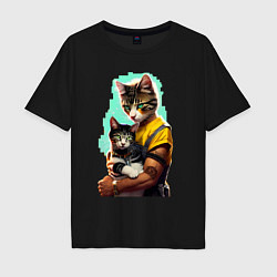 Футболка оверсайз мужская Кот с котёнком - нейросеть, цвет: черный