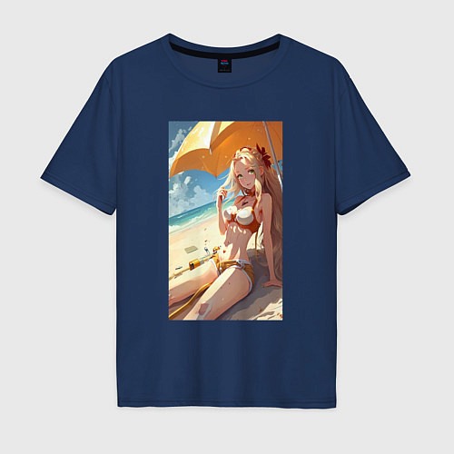 Мужская футболка оверсайз Девушка на пляже под зонтом / Тёмно-синий – фото 1