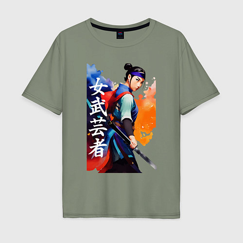 Мужская футболка оверсайз Онна-бугэйся - девушка-самурай - акварель / Авокадо – фото 1