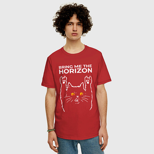 Мужская футболка оверсайз Bring Me the Horizon rock cat / Красный – фото 3