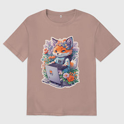 Мужская футболка оверсайз Лиса геймер за компьютером