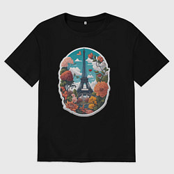 Футболка оверсайз мужская Эйфелева башня в цветах, цвет: черный