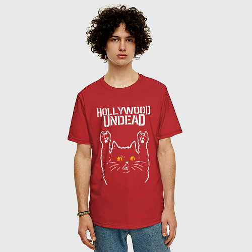 Мужская футболка оверсайз Hollywood Undead rock cat / Красный – фото 3