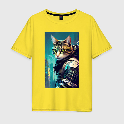 Мужская футболка оверсайз Крутой котейка - киберпанк - нейросеть / Желтый – фото 1