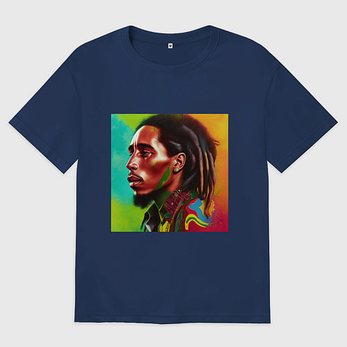 Мужская футболка оверсайз Разноцветный цифровой арт Боб Марли / Тёмно-синий – фото 1