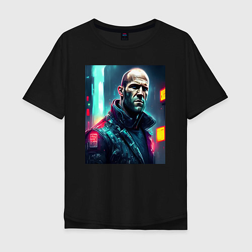 Мужская футболка оверсайз Джейсон Стэтхэм киберпанк - нейросеть / Черный – фото 1