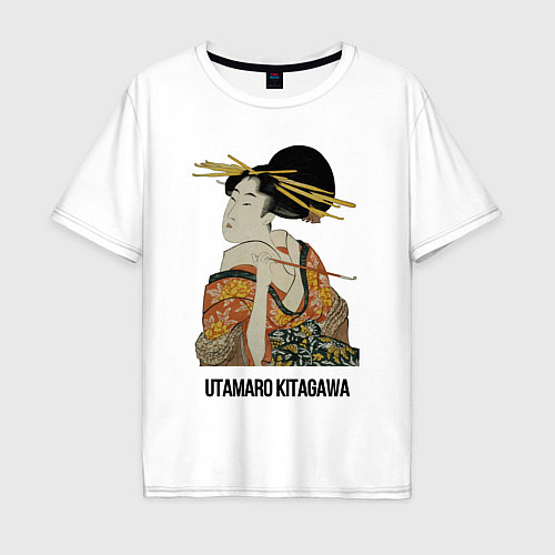 Мужская футболка оверсайз Утамаро Китагава - картина Гейша с трубкой / Белый – фото 1