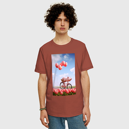 Мужская футболка оверсайз Поросенок на велосипеде / Кирпичный – фото 3