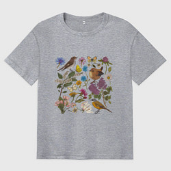 Футболка оверсайз мужская Цветение и птички, цвет: меланж