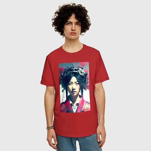 Мужская футболка оверсайз Japanese girl - cyberpunk - neural network / Красный – фото 3