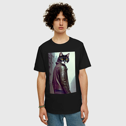 Мужская футболка оверсайз Модный котяра - Лондон - нейросеть / Черный – фото 3