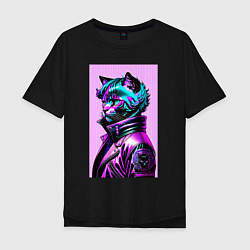 Мужская футболка оверсайз Прикольный фиолетовый котейка - нейросеть