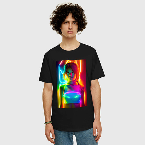 Мужская футболка оверсайз Japanese girl - neon glow - neural network / Черный – фото 3