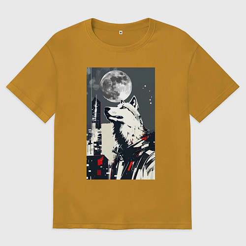 Мужская футболка оверсайз Волк на фоне луны - мегаполис - нейросеть / Горчичный – фото 1