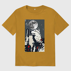 Мужская футболка оверсайз Волк на фоне луны - мегаполис - нейросеть