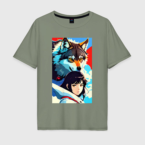 Мужская футболка оверсайз Девочка и волк - аниме - нейросеть / Авокадо – фото 1
