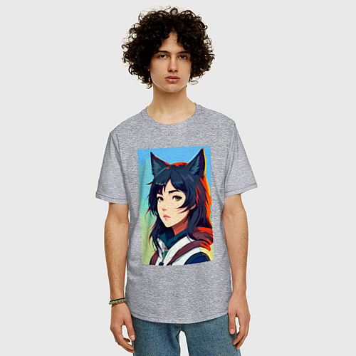 Мужская футболка оверсайз Девочка-волчонок - нейросеть - аниме / Меланж – фото 3