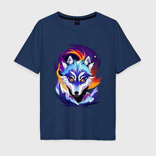 Мужская футболка оверсайз Арт волка цветной / Тёмно-синий – фото 1