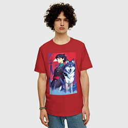 Футболка оверсайз мужская Девочка со своим другом волком - аниме, цвет: красный — фото 2