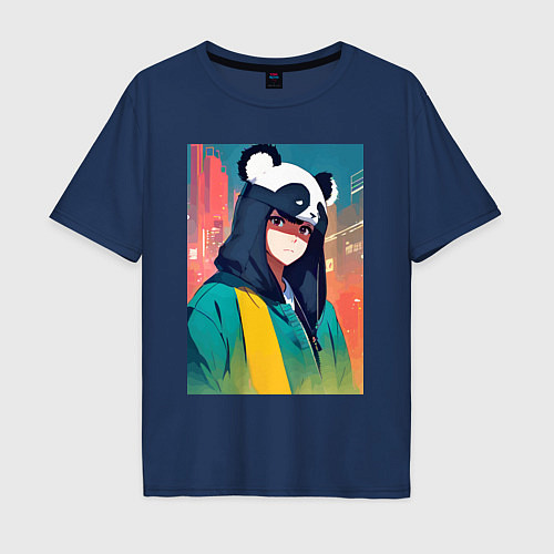 Мужская футболка оверсайз Девчонка-панда - аниме / Тёмно-синий – фото 1