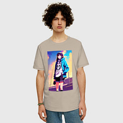 Футболка оверсайз мужская Прикольная девчонка с черепом на футболке - аниме, цвет: миндальный — фото 2