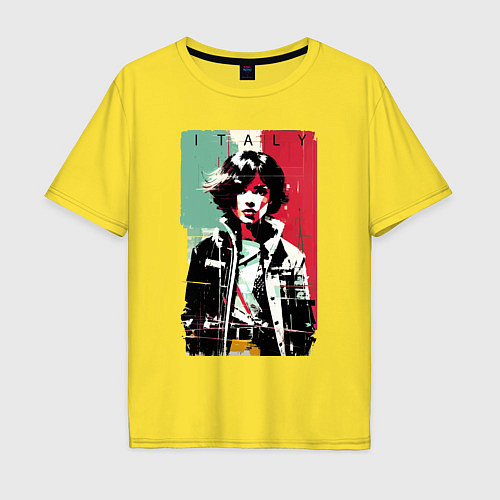 Мужская футболка оверсайз Девчонка на фоне флага - Италия - поп-арт / Желтый – фото 1