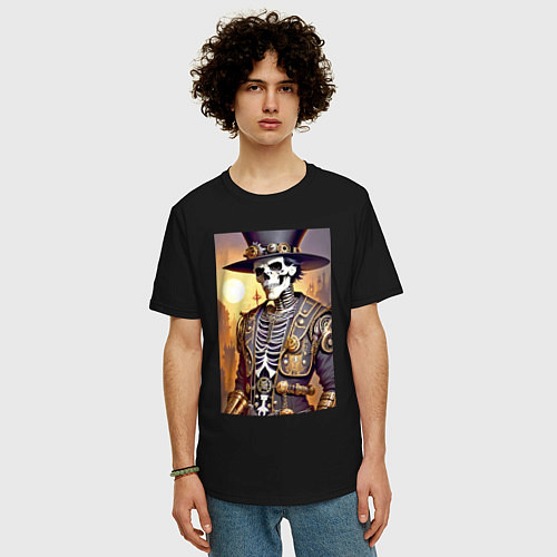Мужская футболка оверсайз Модный скелет в шляпе - стимпанк - нейросеть / Черный – фото 3