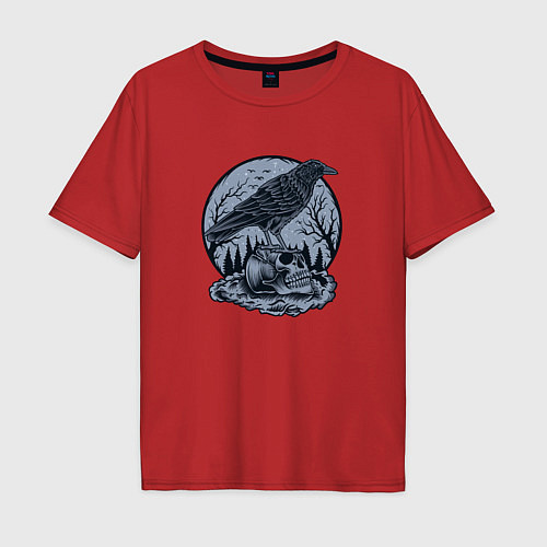 Мужская футболка оверсайз Ворон и череп / Красный – фото 1