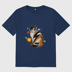 Футболка оверсайз мужская Космическая кошка с планетами и молнией, цвет: тёмно-синий